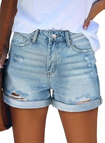 Angerella Denim Shorts for Women Mid Rise Ripped Jean Shorts Stretchy Folded Hem Hot Short Jeans thumbnail 2
