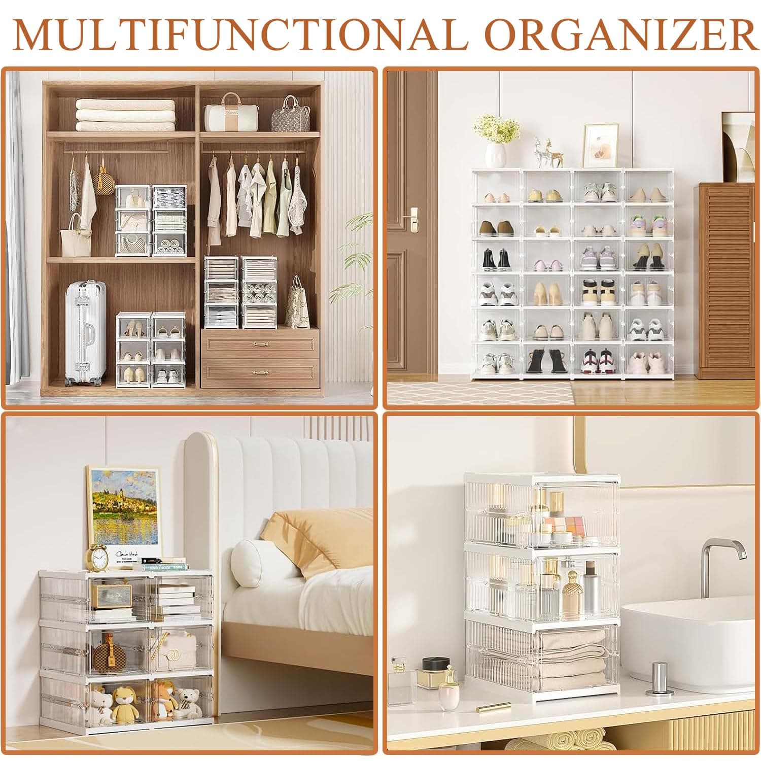 6 Niveles Zapatera Organizador，Caja de zapatos transparente plegable，Caja de Zapatos de Plástico con Tapa,Zapatera Apilable，Adecuado para Sala de Estar, Armario, Dormitorio thumbnail 8