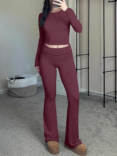 ANRABESS Women 2 Piece Outfits Fall Lounge Sets Long Sleeve Cropped Top Fold Over Flare Pants Comfy Pajamas Set Y2K Clothes thumbnail 6