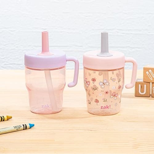 Zak Designs Capri Toddler Tumbler For Travel or At Home, 10oz 2-Pack Durable Plastic Sippy Cups With Handle and Leak-Proof Design are Perfect For Kids (Springtime, Pink) thumbnail 4