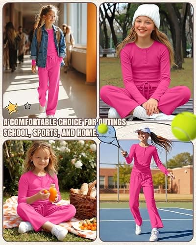 LessonZoo Girls 2 Piece Outfits Lounge Sets Long Sleeve Ruched Knit Henley Neck Fitted Tops Straight Leg Pants with Pockets thumbnail 6