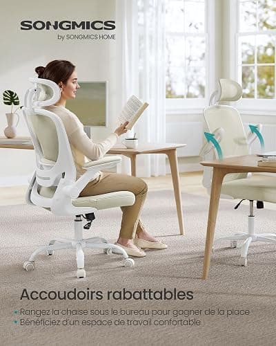 SONGMICS Chaise Bureau Ergonomique, Tissu en Maille, Support Lombaire, Appui-tête, Mécanisme à Bascule, Assise Large de 53 cm, Accoudoirs Rabattables, pour Bureau, Chambre, Beige Cappuccino OBN047K01 thumbnail 6