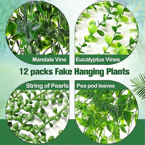 Daifunli 12 Pcs Artificial Hanging Plants Fake Hanging Ferns Plastic Faux Plants for Wall Room Garden Garland Indoor Outdoor Decor No Basket (Eucalyptus,Mandala,String of Pearls,Pea) thumbnail 4