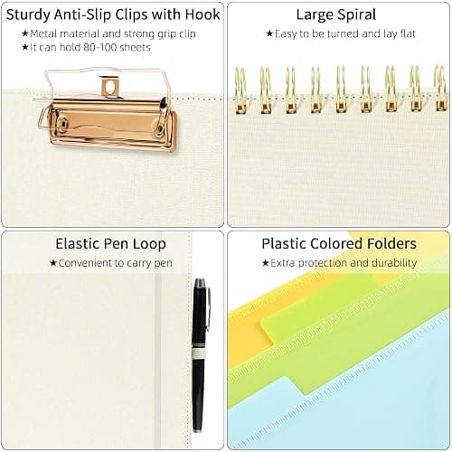 Ospelelf Foldable Spiral Clipboard Folio with Storage Zipper Pouch, 5 Plastic Folders with 10 Pockets, Refillable Lined Notepad (11" x 8.5"), Linen Hardcover Project Organizer (Beige) thumbnail 5