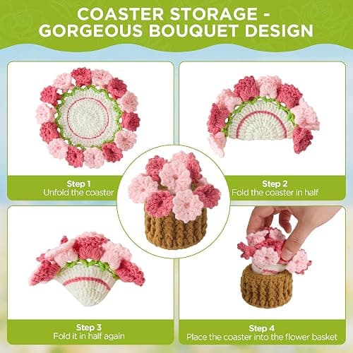 Crochet Flower Coasters, Handmade Bouquet Coasters with Crochet Plant Pot (Blush Pink, 1Pc) thumbnail 4