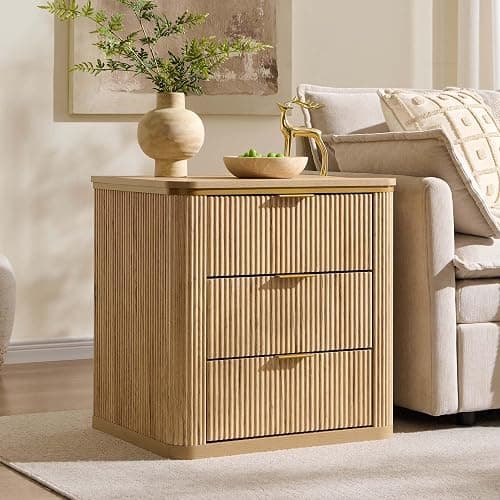 T4TREAM 24" Large Mid Century Modern Fluted Nightstand Set of 2 with 3 Drawers, End Table, Bedside Table for Bedroom, Living Room, Natural Oak thumbnail 7
