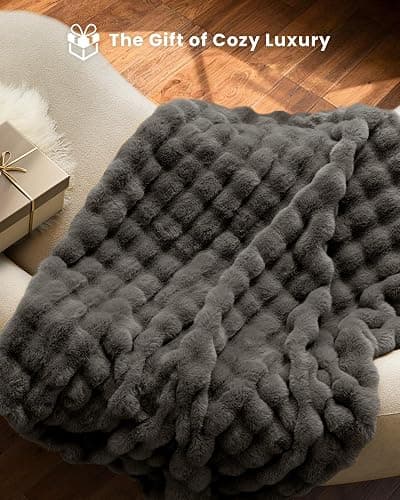 blunique Ultra Soft Cozy Faux Fur Throw Blanket-Fuzzy Plush Thick Bubble Blanket, Fluffy Blanket for Couch, Sofa, Bedroom, and Living Room, 50x60 Inches, Dark Grey thumbnail 5