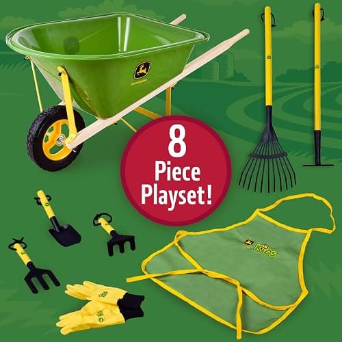 John Deere Deluxe 34" Wheelbarrow and Garden Set Includes 5 Realistic Gardening Tools,Gardening Apron, Gardening Gloves, Large Metal Wheelbarrow with Wooden Handles, Outdoor Toy Ages 5+ thumbnail 4