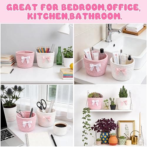 Hkojewp 2 Pack Bow Makeup Brush Holder- Mini Woven Cotton Rope Small Oval Basket with Bow Decor, Comb Brushes Storage Decorative Basket for Pencil Cosmetics Organizer Gift for Women,4 x 4 IN thumbnail 5