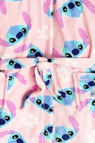 Girls' Stitch Fleece Robe – Soft and Cosy Hooded Dressing Gown with Cute Stitch Ears and Floral Print | Nightwear Ages 7-12 - V3_9817 - 9-10 Years thumbnail 2