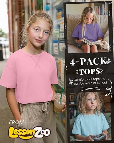 LessonZoo 4 Pack Girls Crop Tops 5-14Y Short Sleeve T-Shirts Tween Crew Neck Teen Oversized Cute Cropped Summer Athletic Tee thumbnail 6