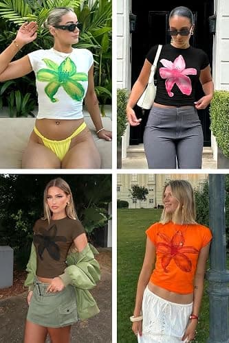 Tankaneo Womens Y2K Graphic Baby Tees Summer Floral Vintage Short Sleeve Tops Slim Fit Cropped T-Shirts thumbnail 6