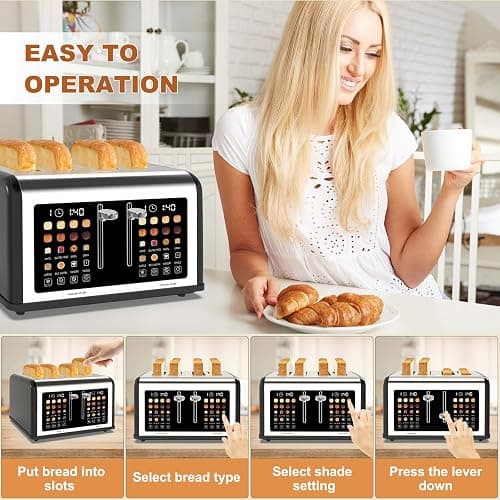 4 Slice Toaster Touch Screen, Stainless Steel Toasters Digital Timer, Dual Control Panel Toasters, 8 Shade Settings 6 Bread Types for Bagel, Cancel, Defrost 1650W Black thumbnail 8
