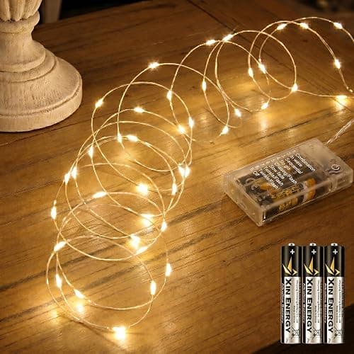 SINAMER 16FT 50LED Fairy Lights Battery Operated (Included), 8 Modes & Time | Waterproof Silver Wire, Mini Twinkle Starry Firefly Lights, For Mason Jars Party Wedding Parties Wreath Decor, Warm White - Image 1