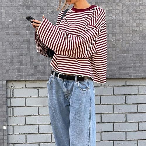 KOSUSANILL Women Oversized Striped Long Sleeve Shirt Crewneck Cropped Tops Drop Shoulder Y2K Preppy Sweatshirt Fall Clothes thumbnail 4