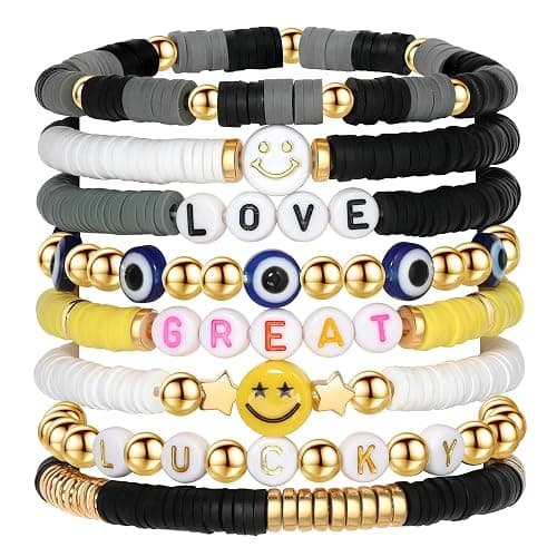 Preppy Bracelets Set Colorful White Gold Smile Heart Star Polymer Beaded Pearl Clay Stackable Charm Y2K Kidcore Aesthetic Summer Beach Bohemian Stretch Layering Bracelets Jewelry for Girls Women Teens - Image 1