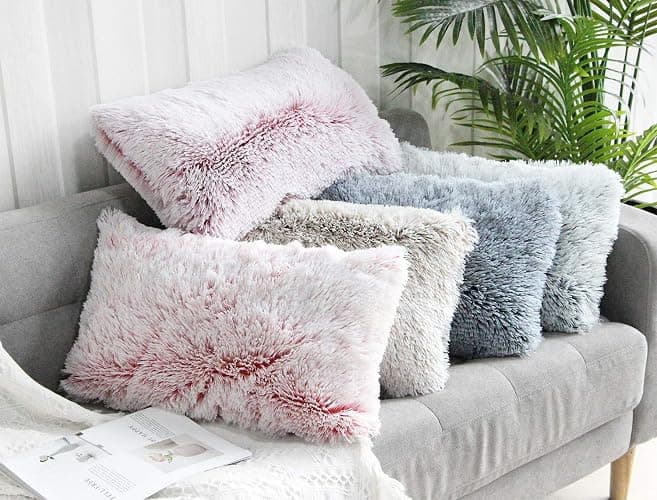 Uhomy 2 Packs Fluffy Accent Pillows Cover 20"x12", Soft Gray Ombre Faux Fur Throw Pillow Case, Modern Luxury Decorative Square Cushion Cover for Farmhouse Home Decor for Sofa/Bed/Chair, 50x30cm thumbnail 6