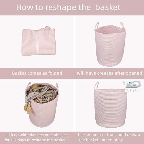 XUANGUO Cotton Rope Laundry Basket Hamper for Girls Kids Baby Nursery Hamper Bin Woven Storage Basket for Living Room Girls room Boho Tall Rope Baskets for Blanket Toys Large light pink thumbnail 6