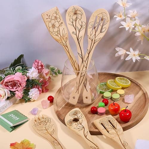 GLOBLELAND 6Pcs Floral Bamboo Cooking Utensils Wooden Engraved Cooking Spoons Set Carving Kitchen Bamboo Spatula Set for Women and Men Wood Cooking Spoon for Kitchen House Warming Gift thumbnail 5