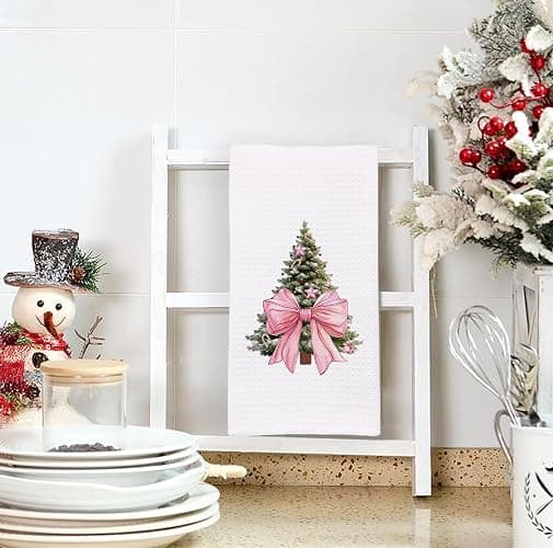 bitCNY Christmas Kitchen Towel – Pink Bow Tree Waffle Weave Dish Towel, Cute Holiday Hand Towel for Christmas Decor or Gift, 16x24 Inch thumbnail 7