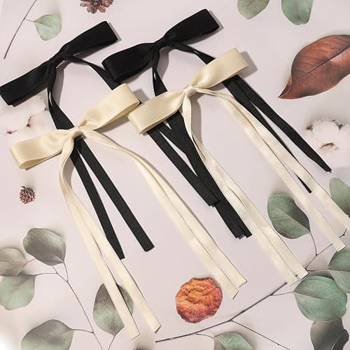4pcs Hair Clips for Women Tassel Ribbon Bowknot With Long Tail, Clip Girl, Solid Accessories Barrettes Claw Bow (Black&Beige) thumbnail 7