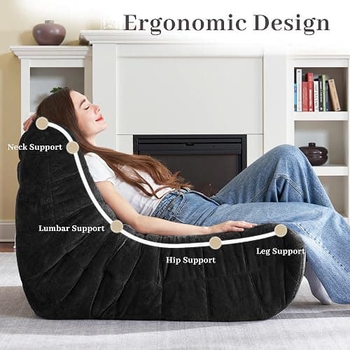 HABUTWAY Bean Bag Chair, Giant Bean Bag Chairs for Adults, Loveseat Fireside Chair, 2 Seater Lazy Bean Bag Sofa Memory Foam Couch for Living Room, Bedroom, Office (Black) thumbnail 5