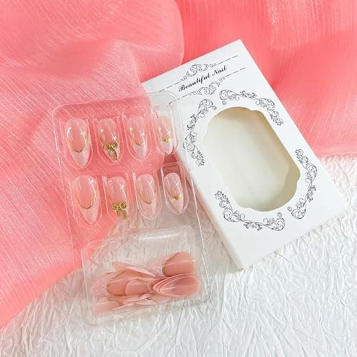 French Tip Press on Nails Medium Almond Fake Nails with Designs Gold Bow Glue on Nails White Acrylic False Nails Reusable Artificial Nails Press ons Glossy Full Cover Stick on Nails for Women - Gold Bow thumbnail 3