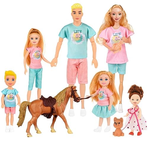 Family Dolls Set of 7 People Include Pregnant Mom Dad 4 Kids, a Small Baby in Mommy's Tummy,a Puppy Dog and a Little Horse, Doll Playsets and Accessories for 3-12 Years Old Toddlers Gift - Image 1