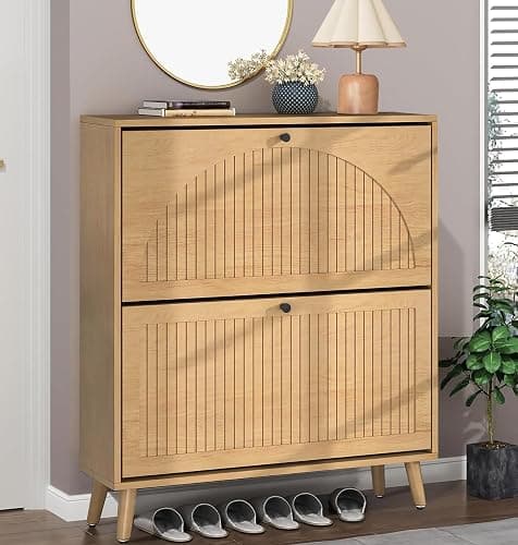 Fsbecl Shoe Storage Cabinet for Entryway with 2 Flip Drawers, Narrow Wood Shoe Cabinet with Fluted Panel, Freestanding Hidden Shoe Organizer for Foyer, Hallway (Wood Color) - Image 1