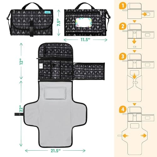Kopi Baby Portable Diaper Changing Pad - Baby Diaper Changer Travel Bag with Wipes Pocket, Smart Design Portable Changing Mat, Infant Travel Station Kit, Gift for Newborn Girl & Boy - Black Arrows thumbnail 2