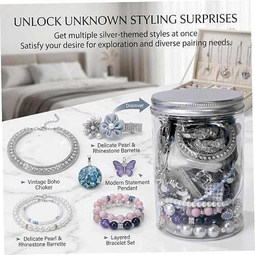 Syutokul Mystery Jewelry Jar Vintage, 50PCS/Set Surprise Jewelry Jar Assortment with Earrings, Necklaces, Hair Clips, Rings More for Daily Outfits, Silver. thumbnail 5