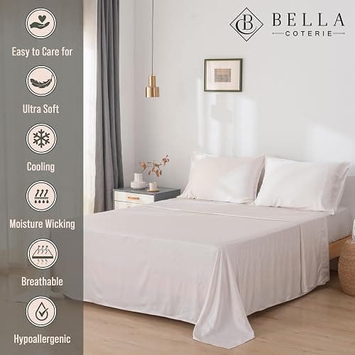Bella Coterie Luxury Bamboo Viscose Queen Size Sheet Set | 100% Organically Grown | Ultra Soft | Cooling for Hot Sleepers | 18" Deep Pocket [Striped Dune] thumbnail 2
