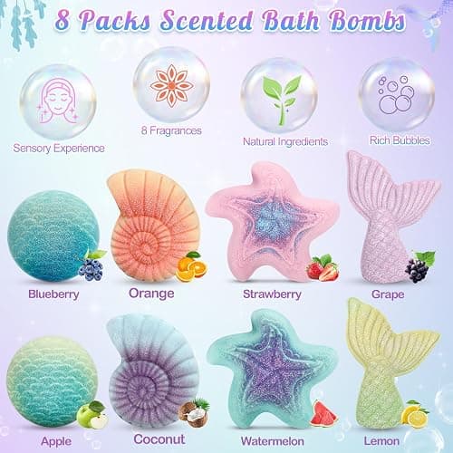 Mermaid Bath Bombs for Kids with Surprise Toys Inside, 8 Pcs Organic Natural Bubble Bath Bombs for Girls,Christmas Birthday Gift for 3 4 5 6 7 8 Year Old Girl,Princess Bath Bomb Kit with Mermaid Toys - Mermaid thumbnail 2
