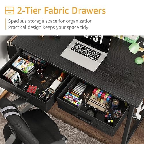 DLisiting Small Desk with Fabric Drawers for Bedroom, 32 Inch Gaming Desk with 2 Drawers for Small Space, Study Writing Table PC Desks, Black thumbnail 6