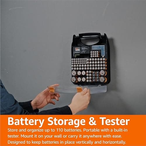 Amazon Basics Battery Organizer with Tester, Wall-Mounted Design, Handle Holds 110 Batteries, Clear/Black thumbnail 5