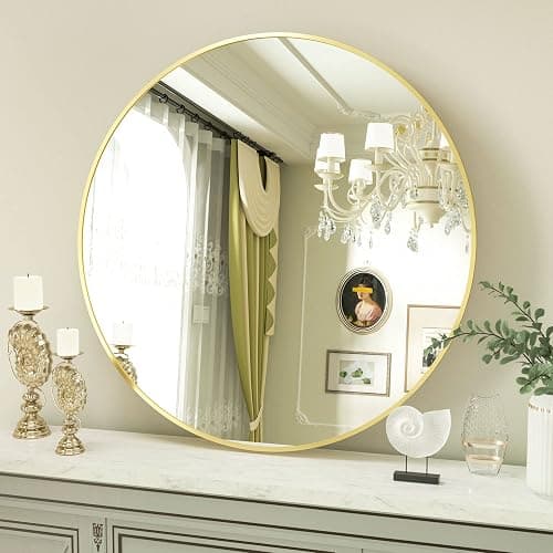 VooBang Gold Round Bathroom Mirror, 28 inch Circle Wall Mounted Hanging Mirror with Simple Modern Circular Metal Frame for Hallway, Entryway, Living Room, Gold Frame - Image 1