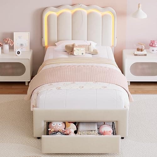 Twin Upholstered LED Bed Frame with Storage Drawer and Adjustable Chic Double Wavy Headboard, Velvet Princess Platform Bed for Kids/Girls, Solid Wood Slats Support, No Box Spring Needed, Beige thumbnail 3