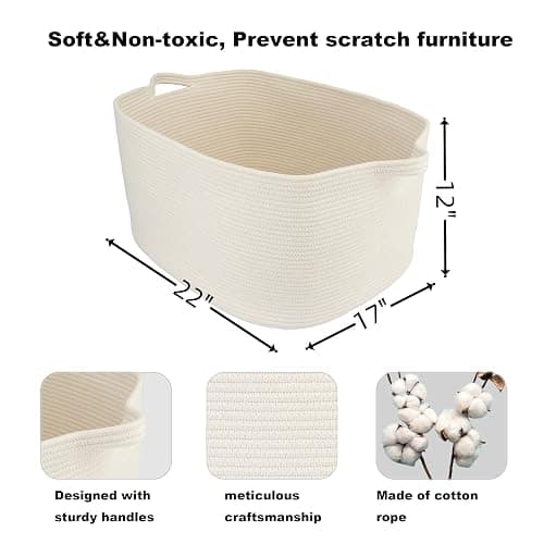 XUANGUO Large Rectangle Blankets Basket Living Room 22"x17"x12" Woven Cotton Rope Storage Baskets for Nursery Toy Baskets for Kids and Dogs Wicker Laundry Basket Bin for Clothes Towels white thumbnail 3