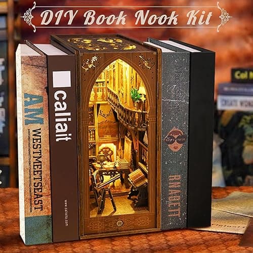CRIOLPO Book Nook Kit - DIY Dollhouse Booknook, Book Nook Miniature Kit for Bookshelf Insert Decor Crafts for Adults Teens, 3D Wooden Puzzle Bookends with Sensor Led Light (Library of Books) thumbnail 3