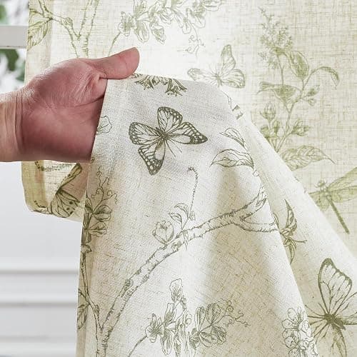 Lazzzy Linen Farmhouse Curtains Green Floral Curtains 63 Inch Length Drapes for Living Room Bedroom Pattern Light Filtering Country Vintage Curtain Grommet Top, 2 Panels, Green on Beige thumbnail 5