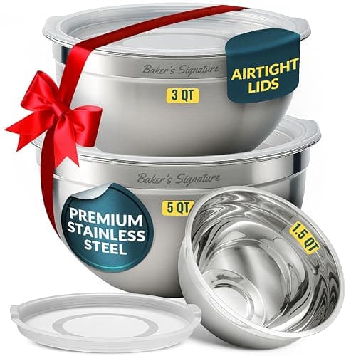 Baker's Signature Stainless Steel Mixing Bowls With Lid, Metal Mixing Bowl Set Of 3, Nesting Set For Food Prep, Baking,Storage, Cooking, Serving | Dishwasher Safe, Silver, 1.5/3/5 Qt - Image 1