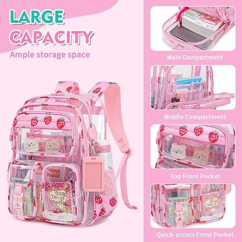QIXIHU Clear Backpack for School,Transparent Backpack Stadium Events,Heavy Duty Clear Bookbag for Girls,Boys,Work,Sport Pink Strawberry thumbnail 3