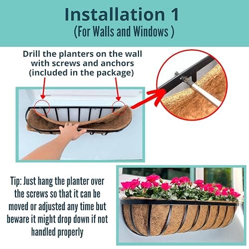 LaLaGreen Fence Planters for Outdoor Plants (24 Inch, 4 Pack) Black Metal Window Boxes Planter To Attach To House, Wall Mounted Flower Coco Baskets Outside Deck Railing Balcony Garden Porch Patio Rail thumbnail 3