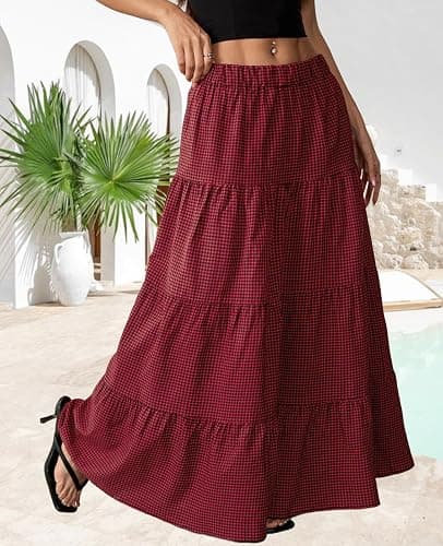 TITOMD Womens Flowy Maxi Skirts Summer A Line Ruffle Boho Long Skirt | Casual Elegant, Flared, Elastic Waist, Beach Vacation Outfits, Soft Fabric, Ideal for Spring, Fall, Daily, Going out thumbnail 5