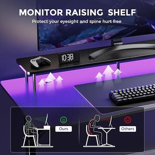 GTRACING 55 Inch Gaming Desk with LED Lights & Power Outlet, Computer Gamer Desk with Monitor Stand, Ergonomic Gaming Table Carbon Fiber Home Office Desk with Mouse Pad & Headphone Hook, Dark Black thumbnail 4