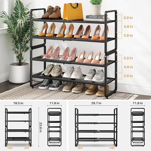 SNTD Shoe Rack - Expandable Shoe Organizer for Closet, Adjustable Metal Shoe Shelf Storage, Stackable Long Shoe Stand Holder for Garage, Entryway, Door Entrance (Black, 4-Tier) thumbnail 3