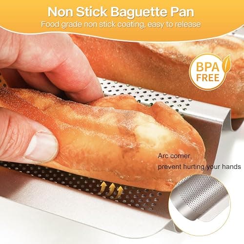 Barlket Baguette Bread Pan, Perforated French Bread Pan, Nonstick Bread Pans for Baking, with Baguette Kit – Includes Proofing Cloth & Dough Cutter, 15x11 Inch Gold, 3 Loaf thumbnail 3