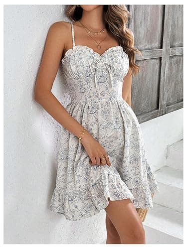MakeMeChic Women's Floral Print Short Cami Dress Shirred Spaghetti Strap Frill Trim Boho Dresses - X-Small - White thumbnail 3