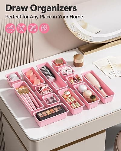 Canfanni 13 Pack Plastic Drawer Organizers Set, 3 Sizes Desk Drawer Organizer Trays for Vanity and Makeup Organizer, Organization and Storage for Makeup, Kitchen Utensils, Bathroom and Office(Pink) thumbnail 7