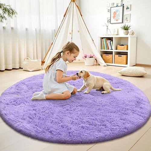 OLANLY Light Purple Round Rugs for Bedroom - Machine Washable, 5 ft Circle Area Rugs for Living Room, Soft and Fluffy Shaggy Carpet for Teen Girls and Boys, Nursery Rooms, Dorms, Home Decor Aesthetic thumbnail 2